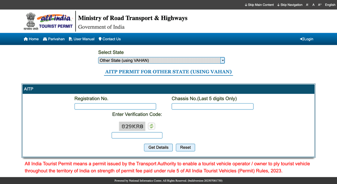 The AITP application form asking for registration number, last five digits of the chassis number and a verification code, with Get Details and Reset buttons